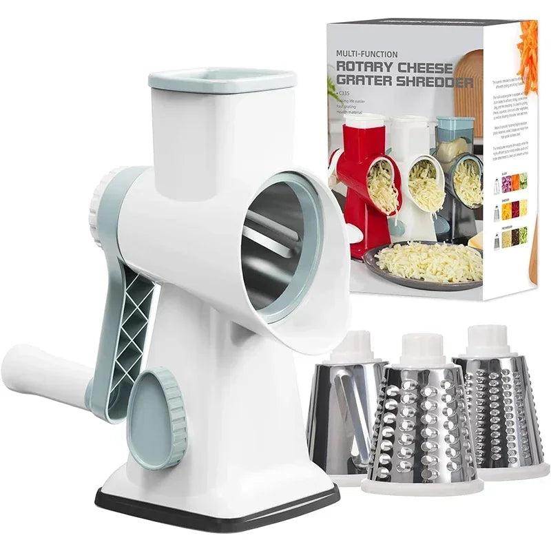 3-in-1 Rotary Cheese/Vegetable Grater & Nut Grinder, Manual Kitchen Slicer with Clear Container for Peanut/Food Prep