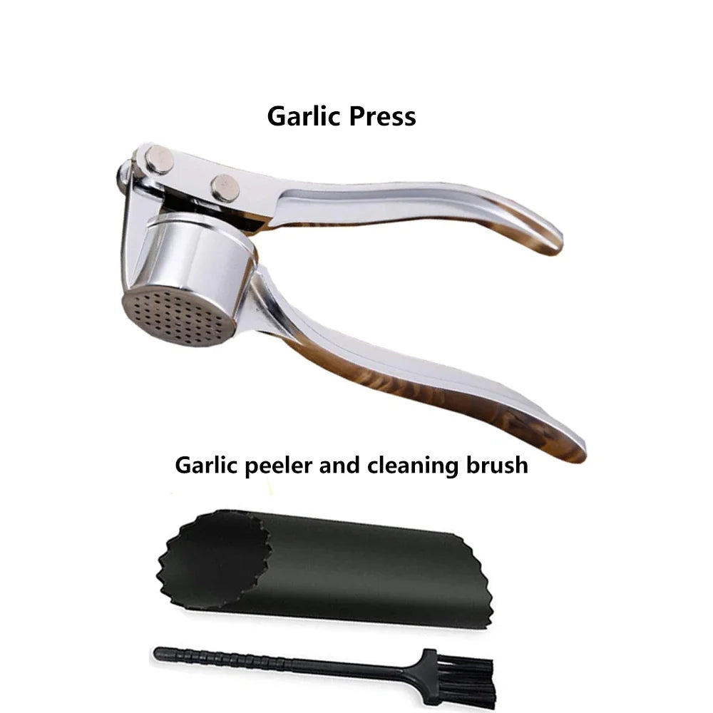 Stainless Steel Garlic Press Easy-to-clean Garlic Mincer Reusable Garlic Peeler and Cleaning Brush Ginger Peeler Kitchen Gadgets
