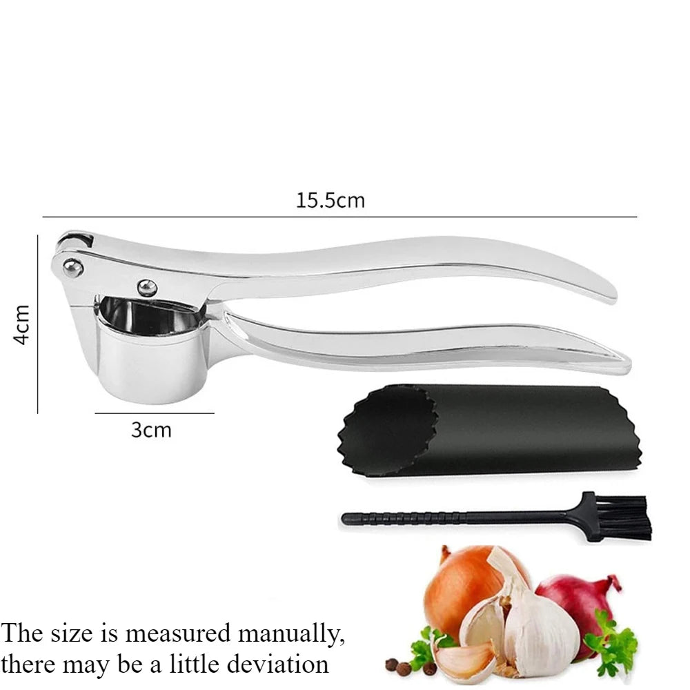 Stainless Steel Garlic Press Easy-to-clean Garlic Mincer Reusable Garlic Peeler and Cleaning Brush Ginger Peeler Kitchen Gadgets