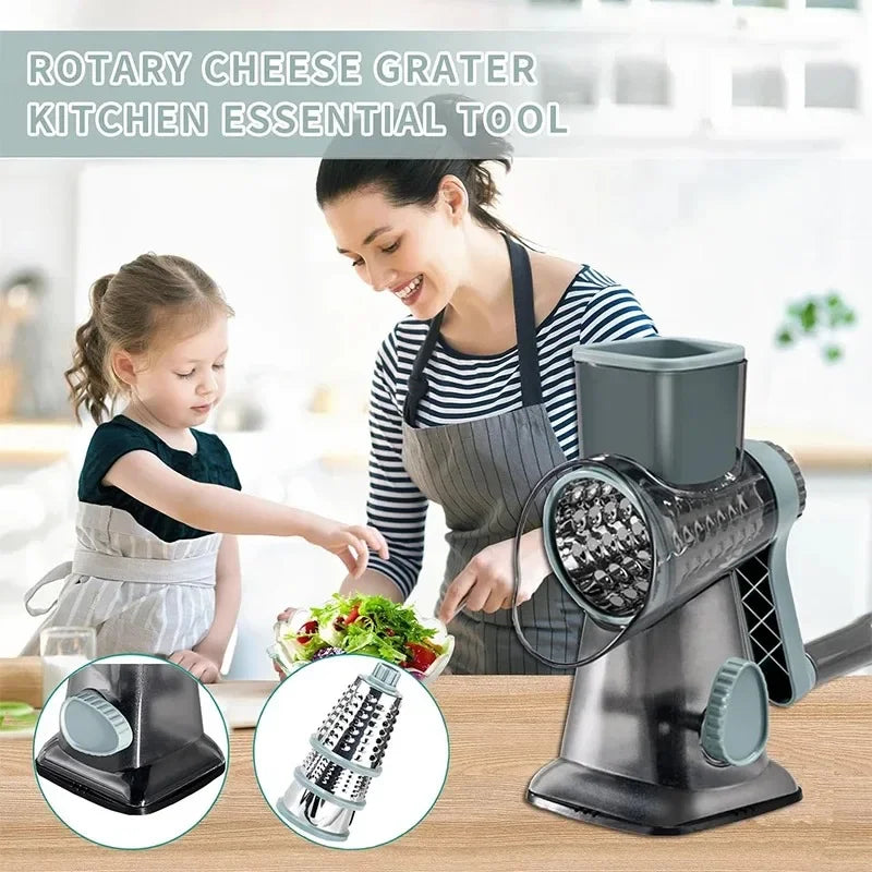3-in-1 Rotary Cheese/Vegetable Grater & Nut Grinder, Manual Kitchen Slicer with Clear Container for Peanut/Food Prep
