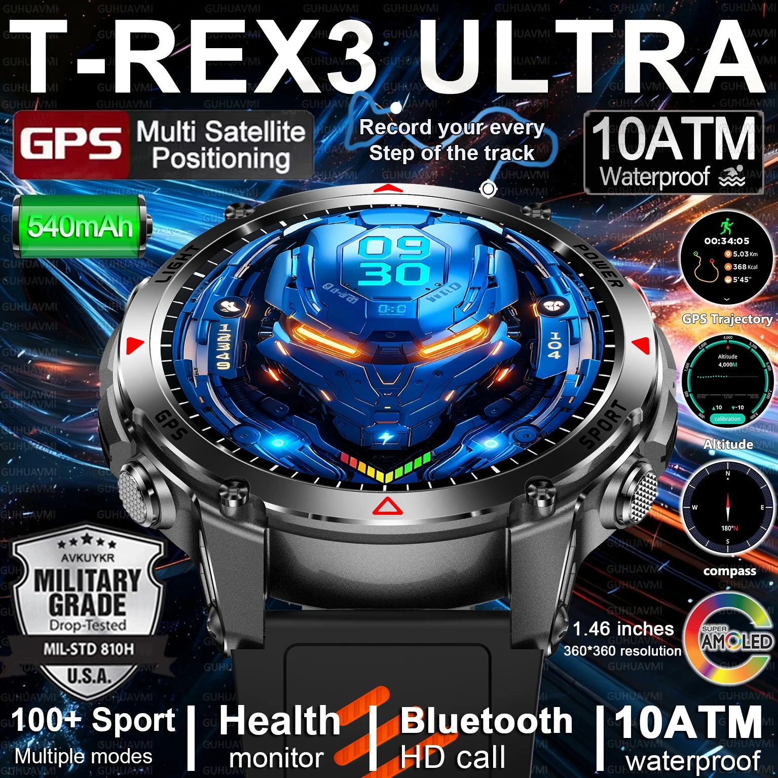 T-REX3 Men GPS Outdoor Sports SmartWatch Military quality AMOLED HD Screen Display Heart Rate BT Call 10ATM Waterproof Bracelet