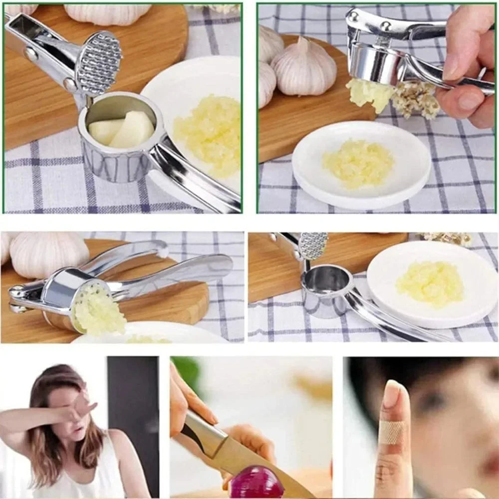 Stainless Steel Garlic Press Easy-to-clean Garlic Mincer Reusable Garlic Peeler and Cleaning Brush Ginger Peeler Kitchen Gadgets